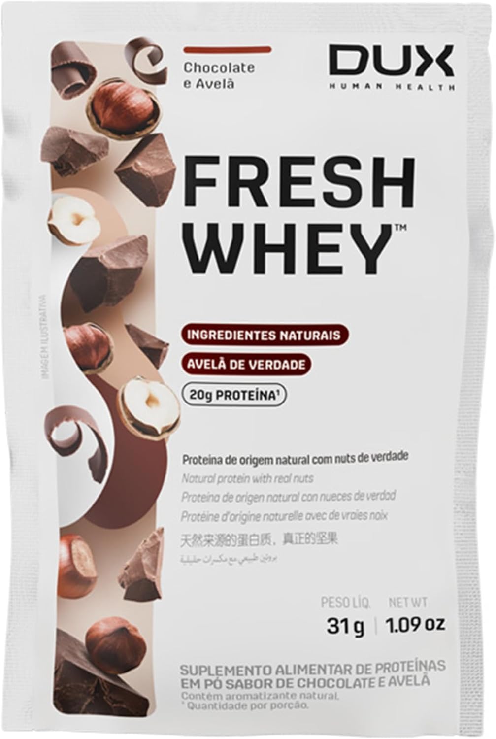 Fresh-Whey-Protein-Chocolate-e-Avela-Sache-31g.jpg Fresh Whey Protein - Chocolate e Avelã Sachê 31g - 20g de Proteínas por Porção - Suplementos Naturais, Suplementação Treino Academia, Ganho Muscular Hipertrofia - DUX HUMAN HEALTH