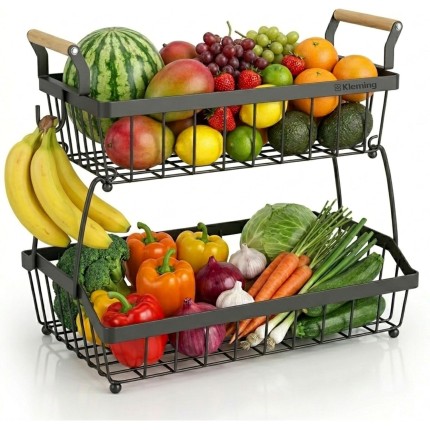 Fruteira Cesto Multiuso de Mesa 2 Andares Kleming, Cesta Organizadora de Frutas Decorativa para Cozinha, Sala, Banheiro, Mesa Posta, Fruteira de Mesa Organizador De Frutas com alça.
