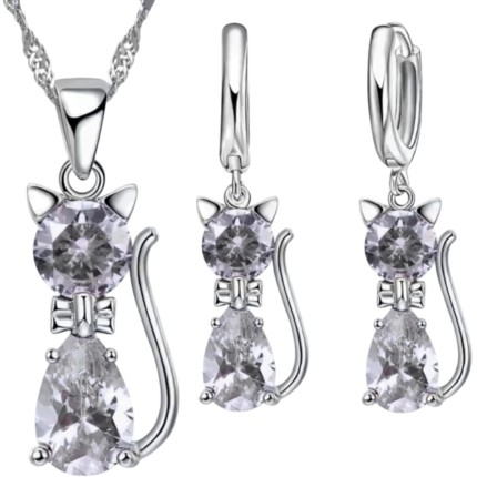 Gatinho Conjunto feminino colar e brinco Gato Cristal - banho de prata de Altíssima Qualidade com 100 milésimos de prata - Não escurece - Lindo Presente feminino para aldultos e adolescentes menina - Moda verão