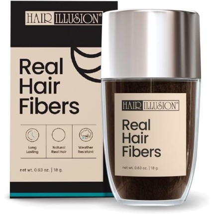 Hair Illusion Fibras Capilares Naturais Castanho-Escuras Para Cabelos Ralos - Textura 100% Natural, Fibras Capilares Não Sintéticas - Cobertura De Manchas Calvas Para Mulheres E Homens - 18 Gramas