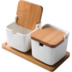 Jogo 2 Porta Condimento em Porcelana Com Tampa De Bambu