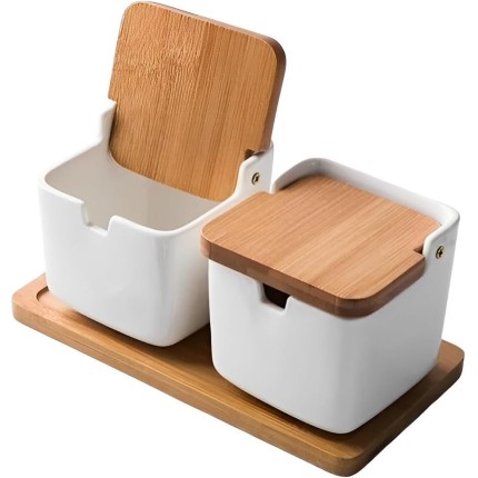 Jogo 2 Porta Condimento em Porcelana Com Tampa De Bambu