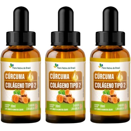 KIT 3X Cúrcuma + Colágeno Tipo II em Gotas 30ml - Flora Nativa Sabor:Laranja