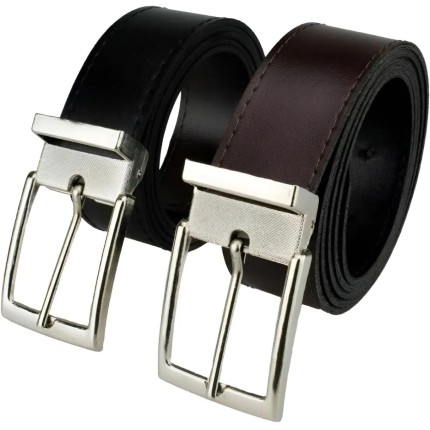 Kit 2 Cintos Social Masculino Couro Ecológico Dupla Face, Fivela prateada - TONSHOP