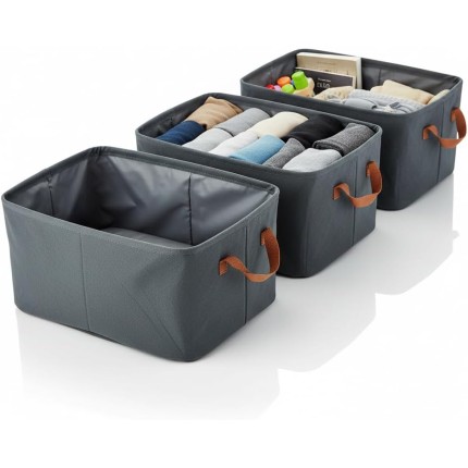 Kit 3 Cestos Organizadores Dobráveis Premium, Cinza, TNT Alta Gramatura, 25 Litros, 46x28x19cm, com Alças Reforçadas, para Closet e Guarda-Roupa