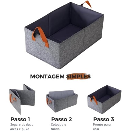 Kit 3 Cestos Organizadores Dobráveis de 26 Litros Caixas Multiuso Com Alças Dupla para Guarda Roupas, Armário, Lavanderia, Malha de Nylon Cinza Resistente e Lavável