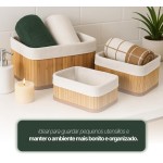 Kit 3 Cestos Organizadores Premium, Armários Ideal Para Banheiros, Armação Resistente, Natural em Bambu com Forro em Linho Lavanderias Premium. - Imagem 2