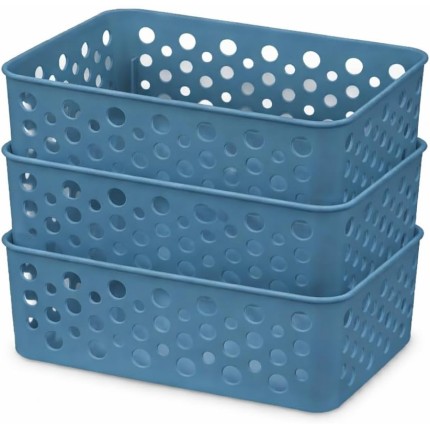 Kit 3 Cestos Organizadores Premium para Armário Gaveta Lavanderia Banheiro Bebe Dispansa Usual Utilidades (19X13) (Azul)
