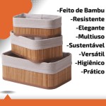 Kit 3 Cestos Organizadores de Bambu Forro Removível Organização Estilo Casa Multiuso Banheiro Cozinha Lavanderia Decorativo Sustentável