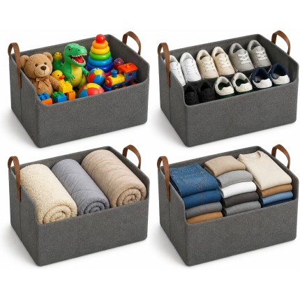 Kit 4 Caixas Organizadoras Multiuso com Alça Reforçada - Organize Roupas, Brinquedos e Closet em Minutos - TNT Premium Bege/Cinza|Amplo, Resistente, Durável, Lavável Espaçosa