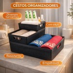 Kit 4 Cesto Organizador Plástico 5,2L Design Juta Multiuso Cozinha Banheiro Lavanderia Resistente Compacto Decorativo (Branco) - Imagem 2