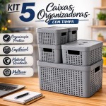 Kit 5 Caixas Organizadoras com Tampa Plástico Resistente Multiuso Armário Cozinha Lavanderia (BEGE) - Imagem 2