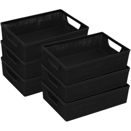 Kit 6 Cesto Organizador Plástico Design Juta Multiuso Cozinha Banheiro Lavanderia Resistente Compacto Decorativo (Preto, 2 Litros)