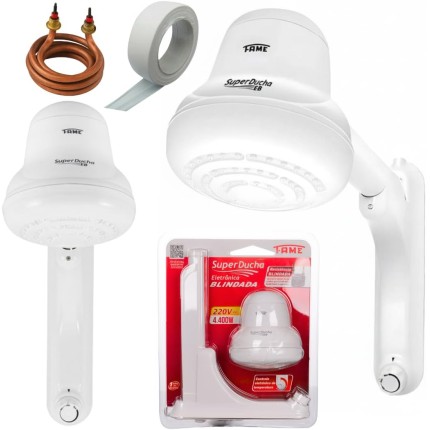 Kit Chuveiro Super Ducha Eletrônica Resistência Blindada 220v 4400w Fame Branco 220v 4.4 Kw + Veda Rosca