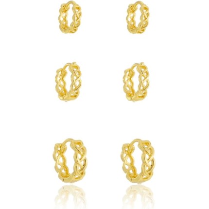 Kit Trio de Brinco com 3 Argolas Trançadas Douradas Folheado Ouro 18k