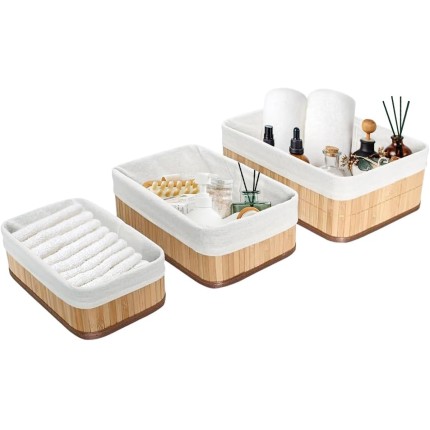 Kit com 3 Cestos Organizadores Feito de Bambu Cor Claro. Perfeito Para Banheiros, Armários, Lavanderias, Entre Outros. Bonito e Elegante (Bege - Grande)
