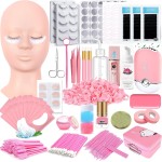 Kit de extensão de cílios prática de cílios para iniciantes, conjunto profissional com cabeça de manequim, pálpebras removíveis, ventilador USB, spray de ventilador individual, tiras de cílios postiços, xampu, escova de suprimentos, caixa de armazenamento