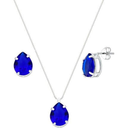 Le Bijoux Semi Joias - Conjunto de Joias: Colar + Par de Brincos em Gota Zircônia Azul Royal com Prata 45cm - Mulheres - Feminino