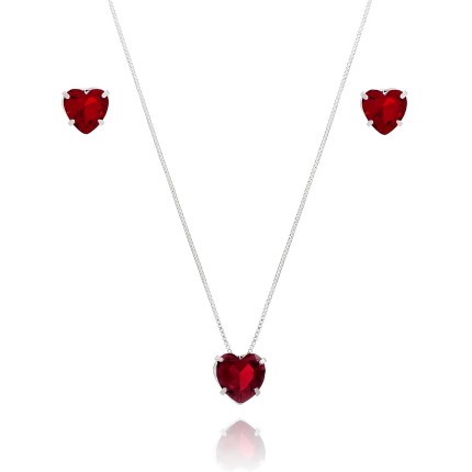 Le Bijoux Semi Joias - Conjunto de Joias Feminino: Colar e Brinco Coração Vermelho Corrente Veneziana 45cm 10mm