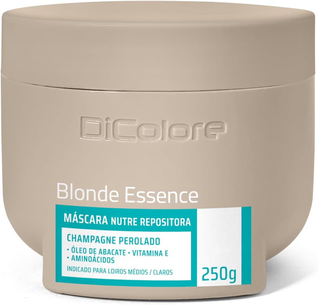 Mascara-Nutre-Repositora-Matizadora-Champagne-Perolado-Blonde-Essence-DiColore-250g.jpg Máscara Nutre Repositora Matizadora Champagne Perolado Blonde Essence DiColore 250g | Indicado para cabelos loiros médios e claros