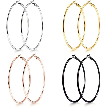 Newless 4 pares de brincos de argola grandes para mulheres, conjunto de brincos de aço inoxidável, dourado, prata, ouro rosa, preto, argolas leves