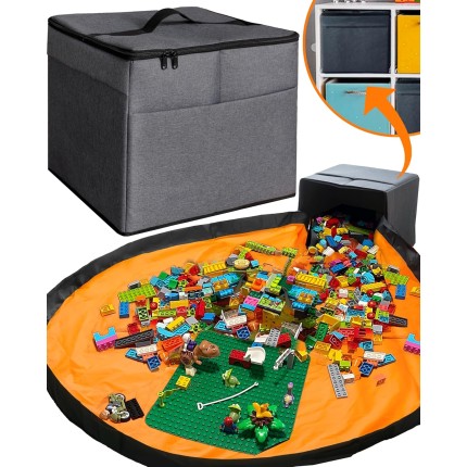 Organizador de brinquedos GG e tapete de brincar – Bolsa/caixa de armazenamento para crianças, meninos, meninas, berçário, sala de jogos – Cesta para montar tijolos/blocos – Caixote de cubo de tecido