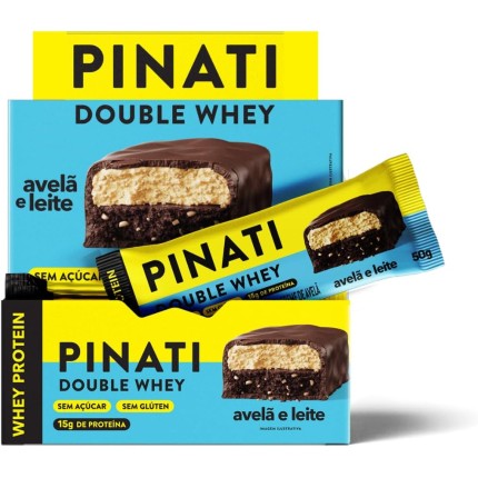 PINATI Barra de proteina DoubleWhey Avelã e Leite - 15g de proteina - 12 unidades