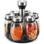 Porta Condimentos Temperos Giratório com 6 Potes de Vidro – Base Rotativa 360° em Aço Inox