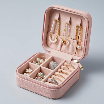 Porta Joias de Viagem Portátil Estojo Organizador para Colares Anéis Brincos e Pulseiras Mini Caixa Organizadora Pequena de Bijuterias e Semijoias Antirriscos com Zíper | Kazoku (Pérola)