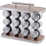 Porta Tempero Vertical com Alça, Madeira e Inox, 12 Potes de Vidro, para Área Gourmet e Cozinha