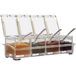 Porta Temperos Acrílico Cristal Transparente com 4 Potes e Colheres Organizador de Condimentos Cozinha Moderna Prática e Elegante 220ml