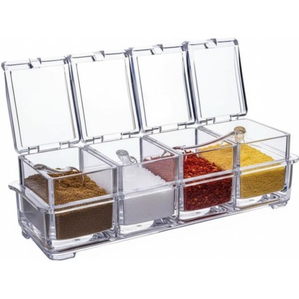 Porta Temperos Acrilico Crystal com 4 Potes Organizador de Condimentos para Cozinha Transparente