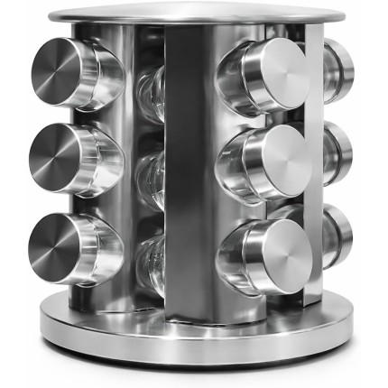 Porta Temperos Condimentos Inox 13 Pçs Vidro Base Giratória Aço Escovado Resistente