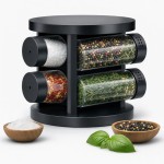 Porta Temperos Giratório 360° Preto, 6 Potes de Vidro com Tampa, Estrutura em Aço, Modelo Diamond, Organizador de Condimentos para Cozinha