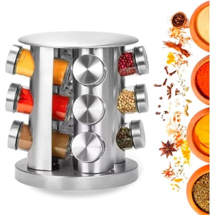 Porta Temperos Giratório Inox De Cozinha C/12 Potes De Vidro Organizador P/Condimento, sal, pimentas, ervas e especiarias.