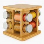 Porta-Temperos Giratório em Bambu com 8 Potes de Vidro – Organizador de Condimentos Premium com Tampas Metálicas – Design Compacto e Elegante para Cozinha
