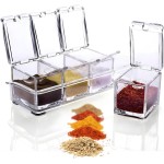 Porta Temperos com 4 Potes Transparente com Tampa e Colheres – Organizador de Temperos com Suporte para Cozinha, Porta Condimentos Acrílico, Kit 9 Peças