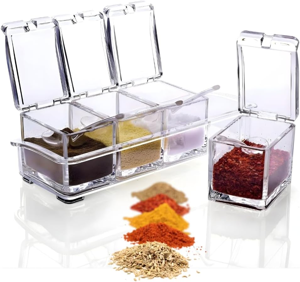 Porta-Temperos-com-4-Potes-Transparente-com-Tampa-e-Colheres.jpg Porta Temperos com 4 Potes Transparente com Tampa e Colheres – Organizador de Temperos com Suporte para Cozinha, Porta Condimentos Acrílico, Kit 9 Peças