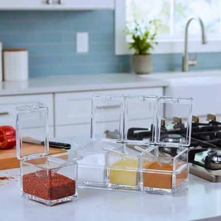 Porta Temperos de Acrílico Crystal Transparente com 4 Potes e Base Antiderrapante – Organizador de Condimentos Resistente, Durável e Compacto para Cozinha
