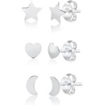 Trio de Brincos Prata 925 Feminino – Estrela, Lua e Coração (3 Pares) | Hipoalergênicos, Delicados e Ideais para 2º/3º Furo
