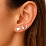 Trio de Brincos Prata 925 Feminino – Estrela, Lua e Coração (3 Pares) | Hipoalergênicos, Delicados e Ideais para 2º/3º Furo - Imagem 2