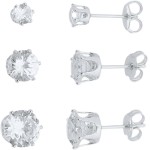 Trio de Brincos de zircônia 5mm, 4mm e 3mm redondo banhado em prata