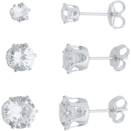 Trio de Brincos de zircônia 5mm, 4mm e 3mm redondo banhado em prata
