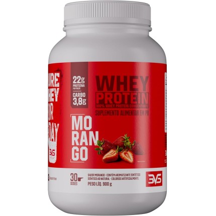 Whey Protein 100% Concentrado Morango 900g 3VS Nutrition · Proteína Pura · 18g por Porção · 30 doses · Sem Açúcar