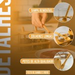 porta tempero 3 potes colher condimento suporte mantimentos bambu 300Ml cozinha - Imagem 2