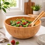 Bowl de Bambu 28cm Bowl para Servir Saladas Tigela Grande Saladeira Redonda - Imagem 4