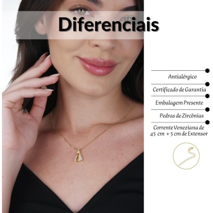 Colar Nossa Senhora Aparecida Semi Joia Banhado Ouro 18k - Pingente Religioso com Zircônias - Corrente 45cm - Antialérgico - Presente Católico - Stella
