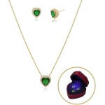 Conjunto Colar e Brinco de Coração com Pedras Verdes de Zircônias Semi Joias Banhado Ouro 18k