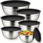 Conjunto de 5 Bowls Tigelas de Inox com Tampa Plástica Hermética – Saladeira, Bacia Inox para Preparar Alimentos, Marinar Carnes, Armazenar e Conservar, Empilhável, Fácil de Limpar, Grau Alimentício
