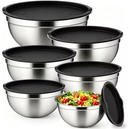 Conjunto de 5 Bowls Tigelas de Inox com Tampa Plástica Hermética – Saladeira, Bacia Inox para Preparar Alimentos, Marinar Carnes, Armazenar e Conservar, Empilhável, Fácil de Limpar, Grau Alimentício